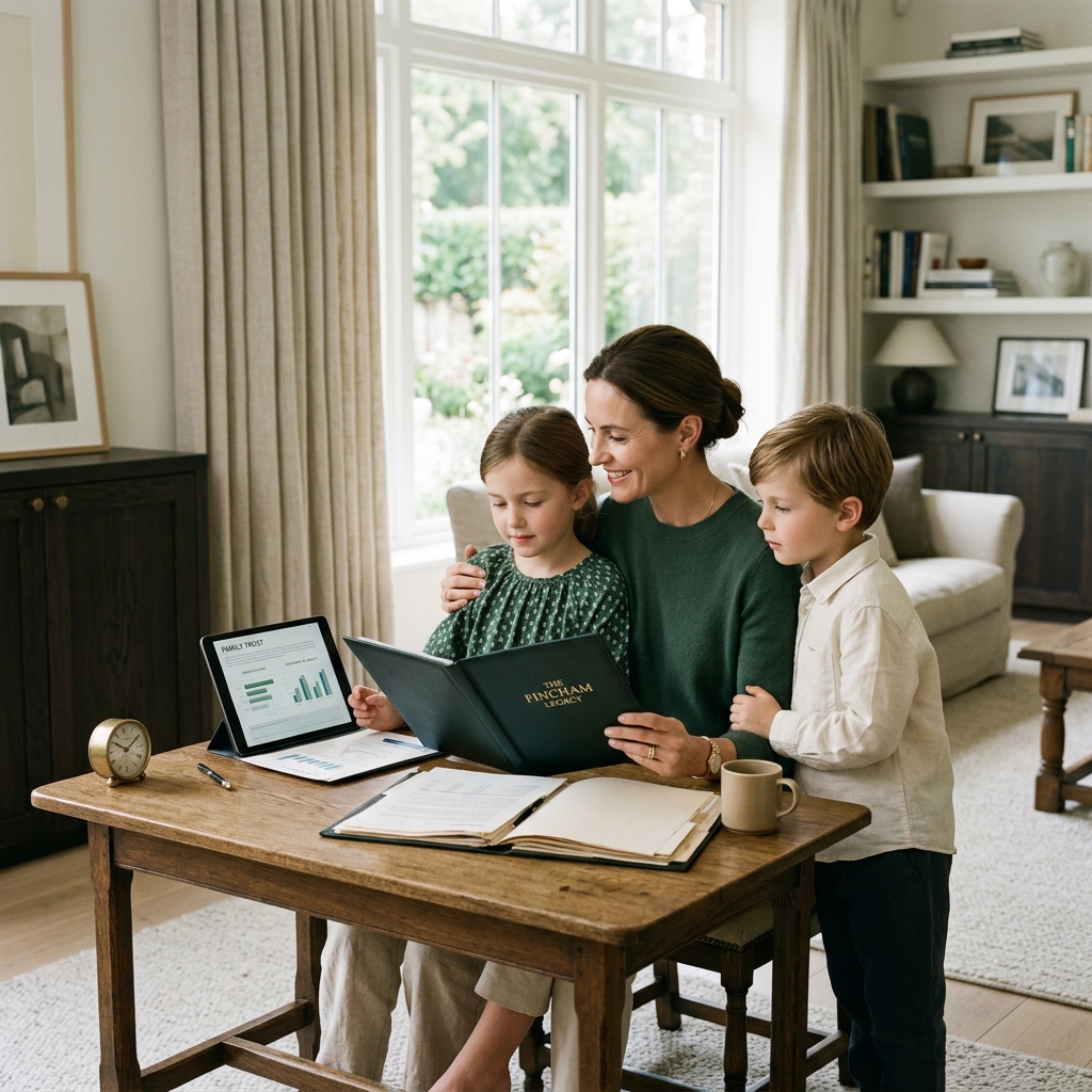 Elegant 41 year old mother reviewing family estate documents with her two young children